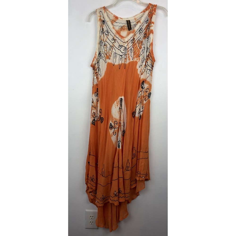 Tie Dye Boho Dress Womens One Size Orange Embroidered Fairy Hippie Midi Festival